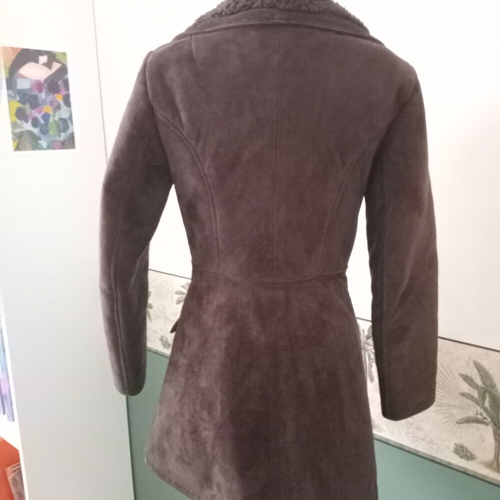 Vintage 1970s Suede Shearling Chocolate Brown Penny Lane  Belted Coat - Picture 3 of 6